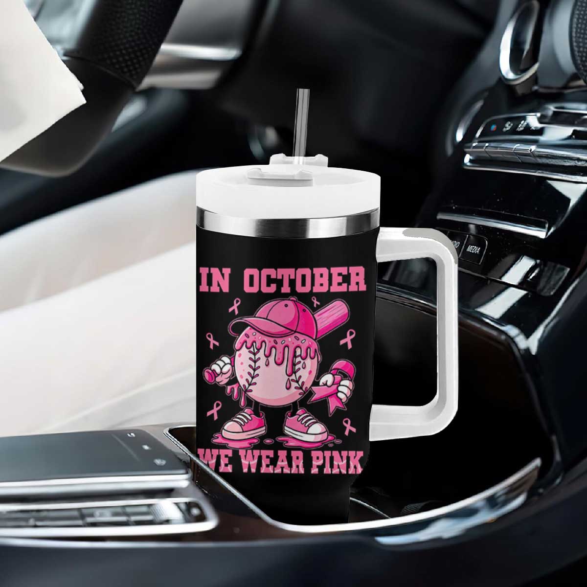 Baseball Breast Cancer Tumbler With Handle In October We Wear Pink Baseball Drip TS10 Print Your Wear