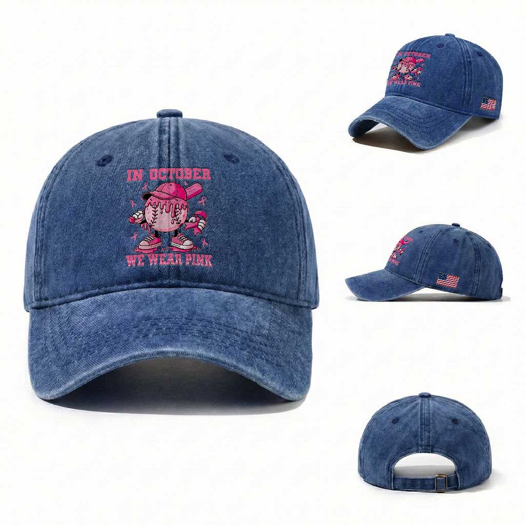 Baseball Breast Cancer Washed Cotton Baseball Cap In October We Wear Pink Baseball Drip TS10 Washed Cap Universal Fit Royal Blue Print Your Wear