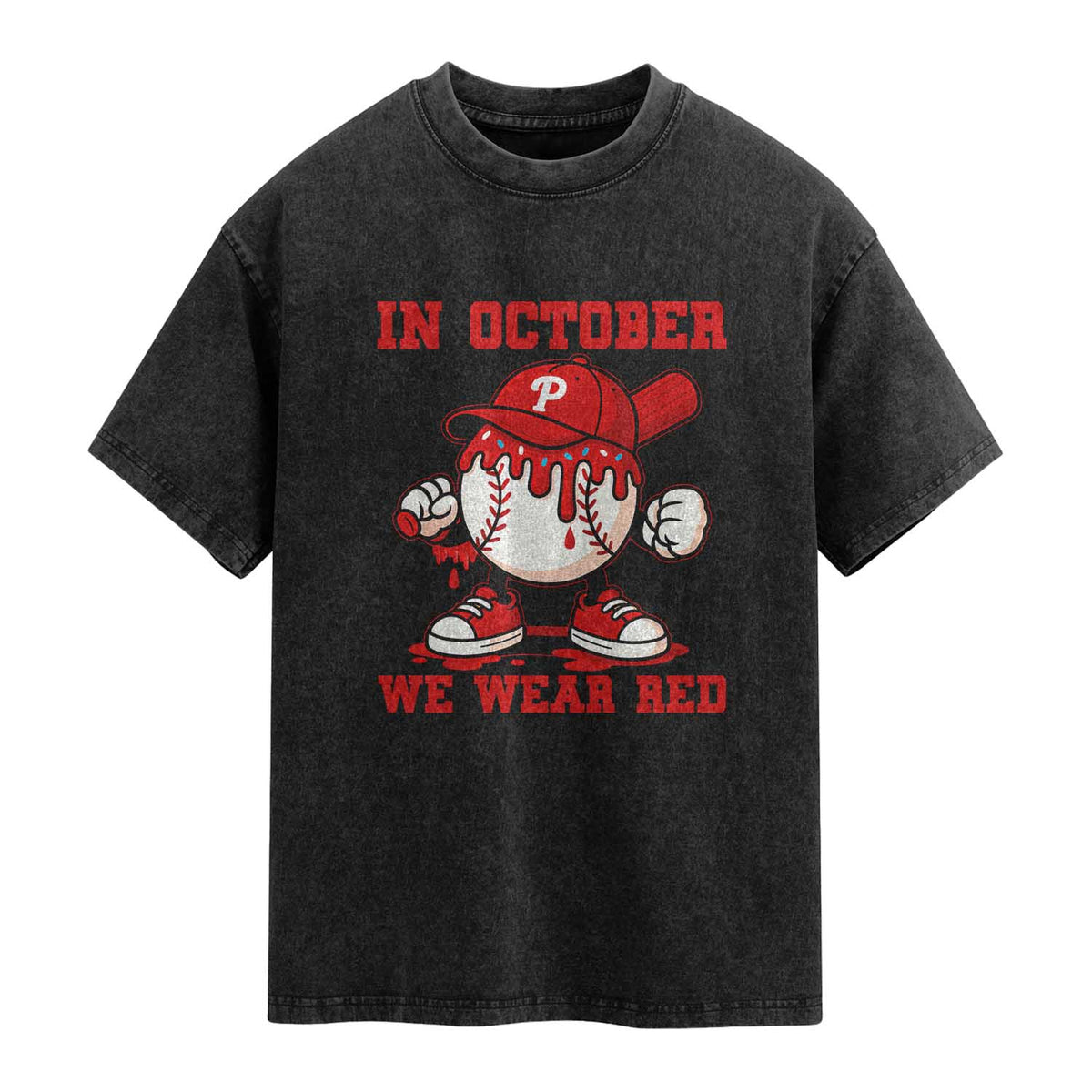 Red October Philly Washed Cotton T-Shirt Philadelphia Baseball Drip Boy TS10 Black Print Your Wear