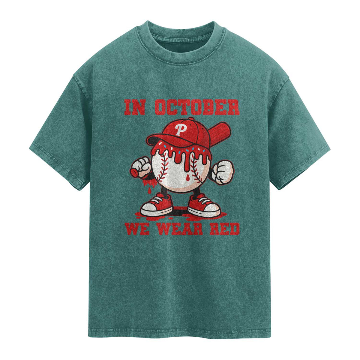 Red October Philly Washed Cotton T-Shirt Philadelphia Baseball Drip Boy TS10 Teal Green Print Your Wear