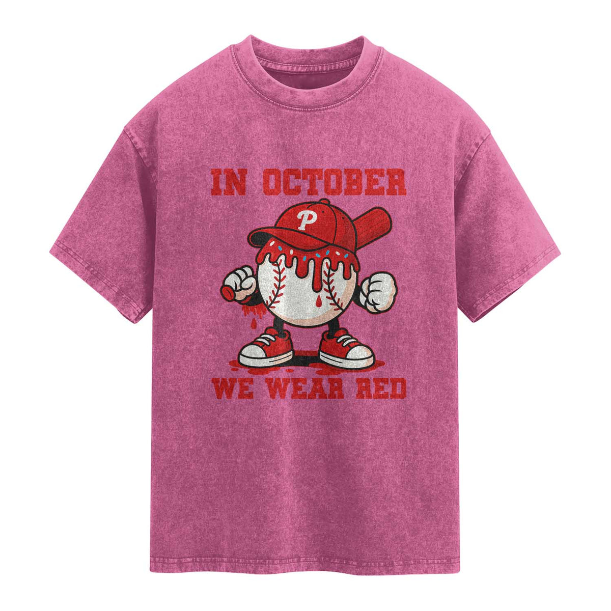 Red October Philly Washed Cotton T-Shirt Philadelphia Baseball Drip Boy TS10 Magenta Print Your Wear