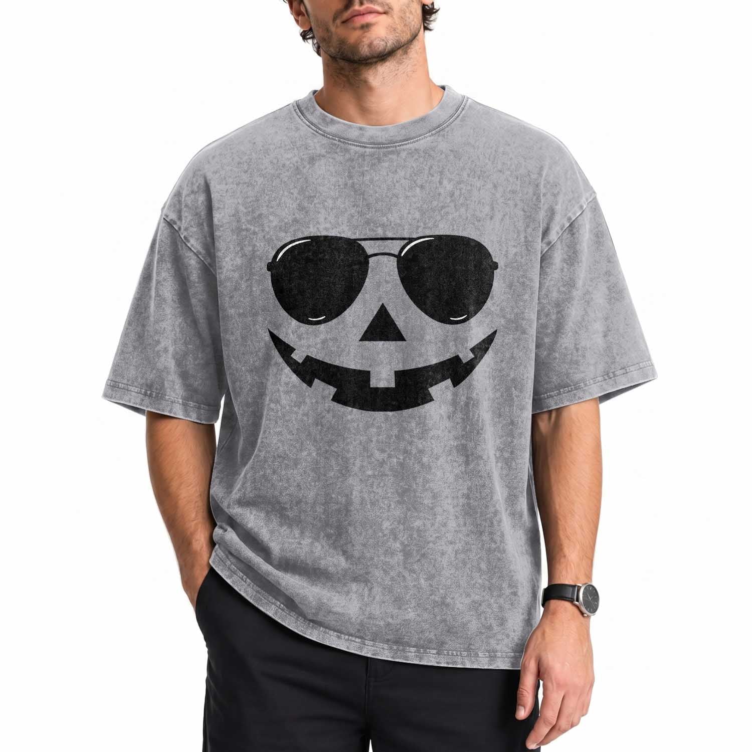 Pumpkin Face Washed Cotton T-Shirt Vintage Jack o Lantern Jackolantern Spooky Season Halloween TS10 Print Your Wear