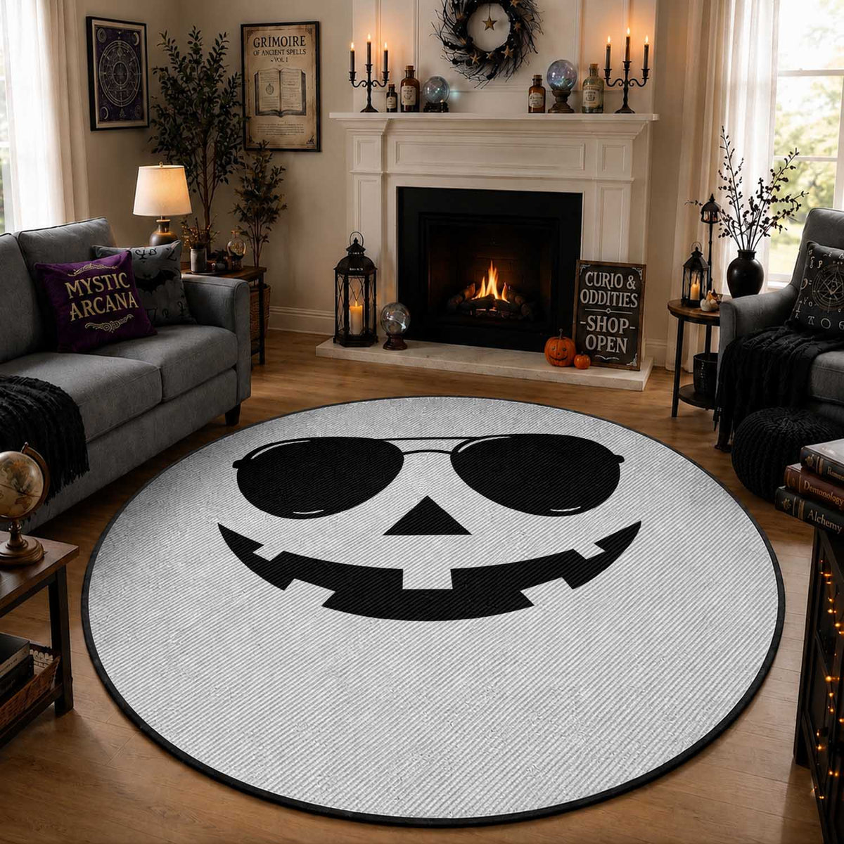 Pumpkin Face Round Rug Vintage Jack o Lantern Jackolantern Spooky Season Halloween