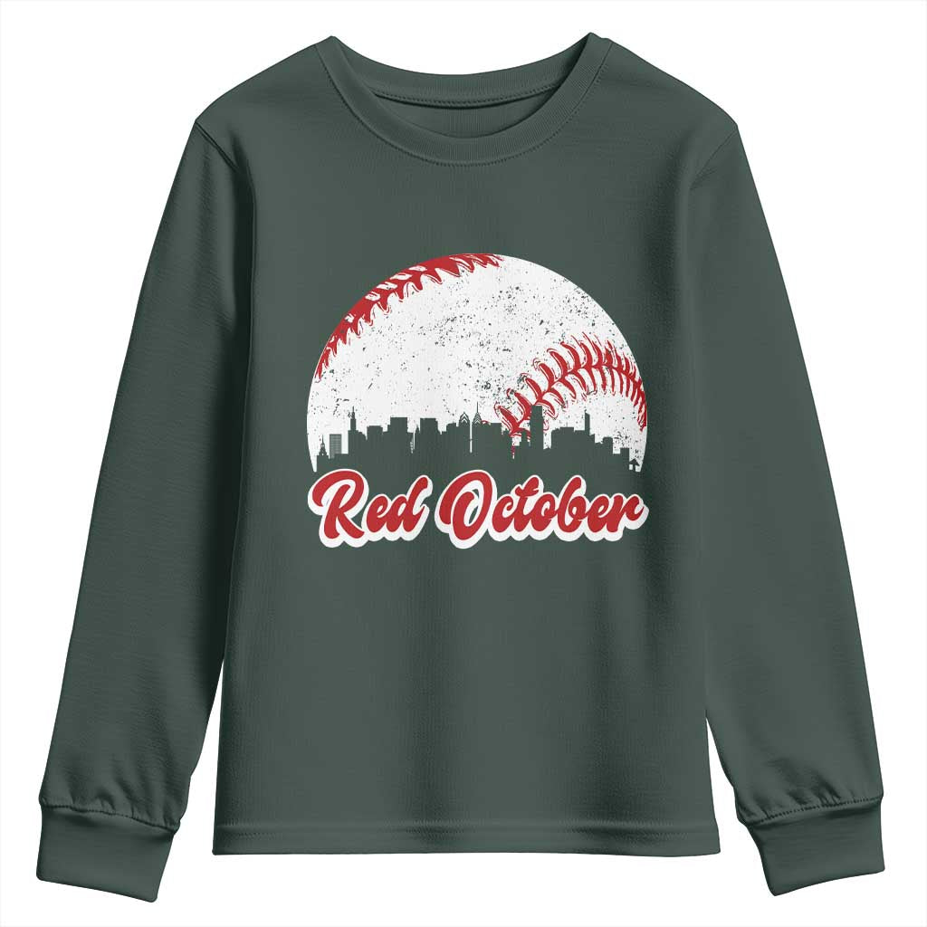 Vintage Red October Youth Sweatshirt Philadelphia Skyline Retro Philly Cityscape TS10 Dark Forest Green Print Your Wear