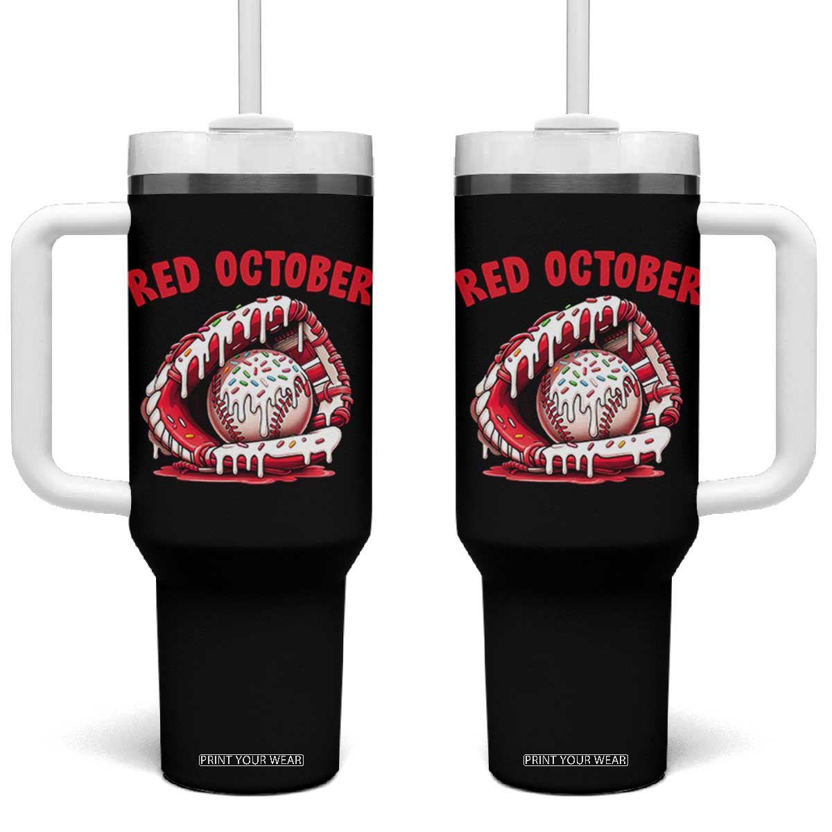 Red October Tumbler With Handle Baseball Drip Ice Cream Sprinkles Baseball Glove TS10 One Size: 40 oz Black Print Your Wear