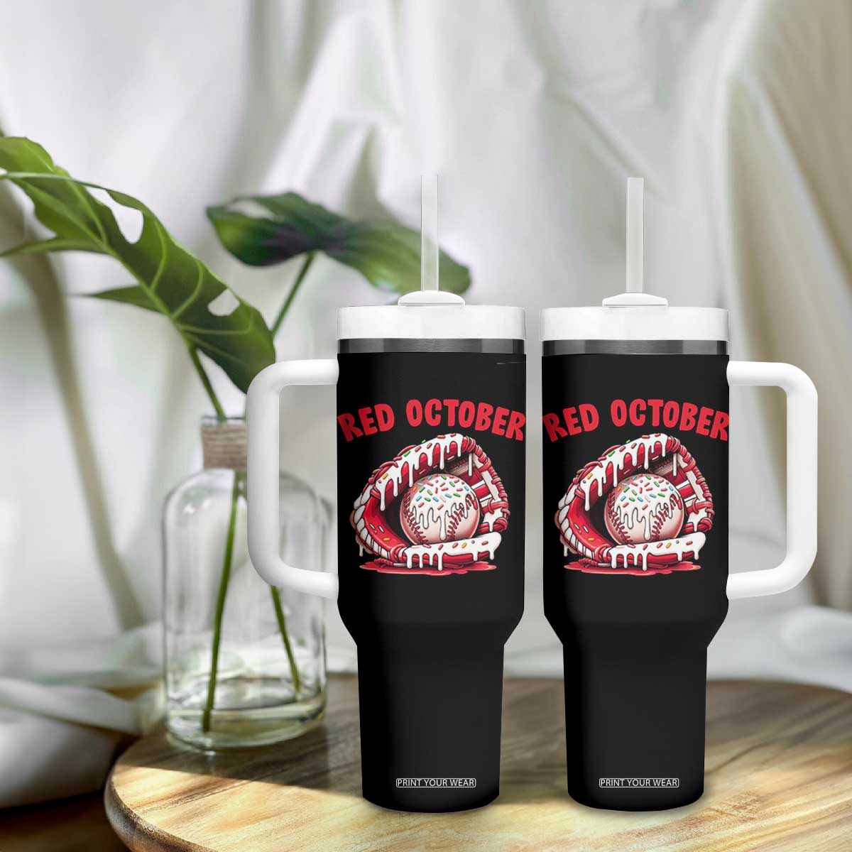 Red October Tumbler With Handle Baseball Drip Ice Cream Sprinkles Baseball Glove TS10 Print Your Wear