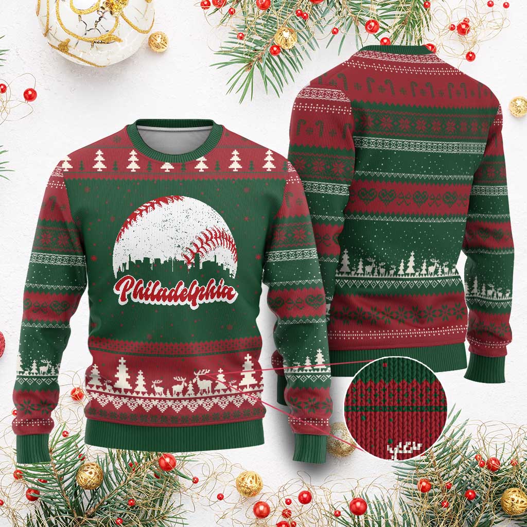 Philadelphia Baseball Ugly Christmas Sweater Vintage Skyline City TS10 Red Green Print Your Wear