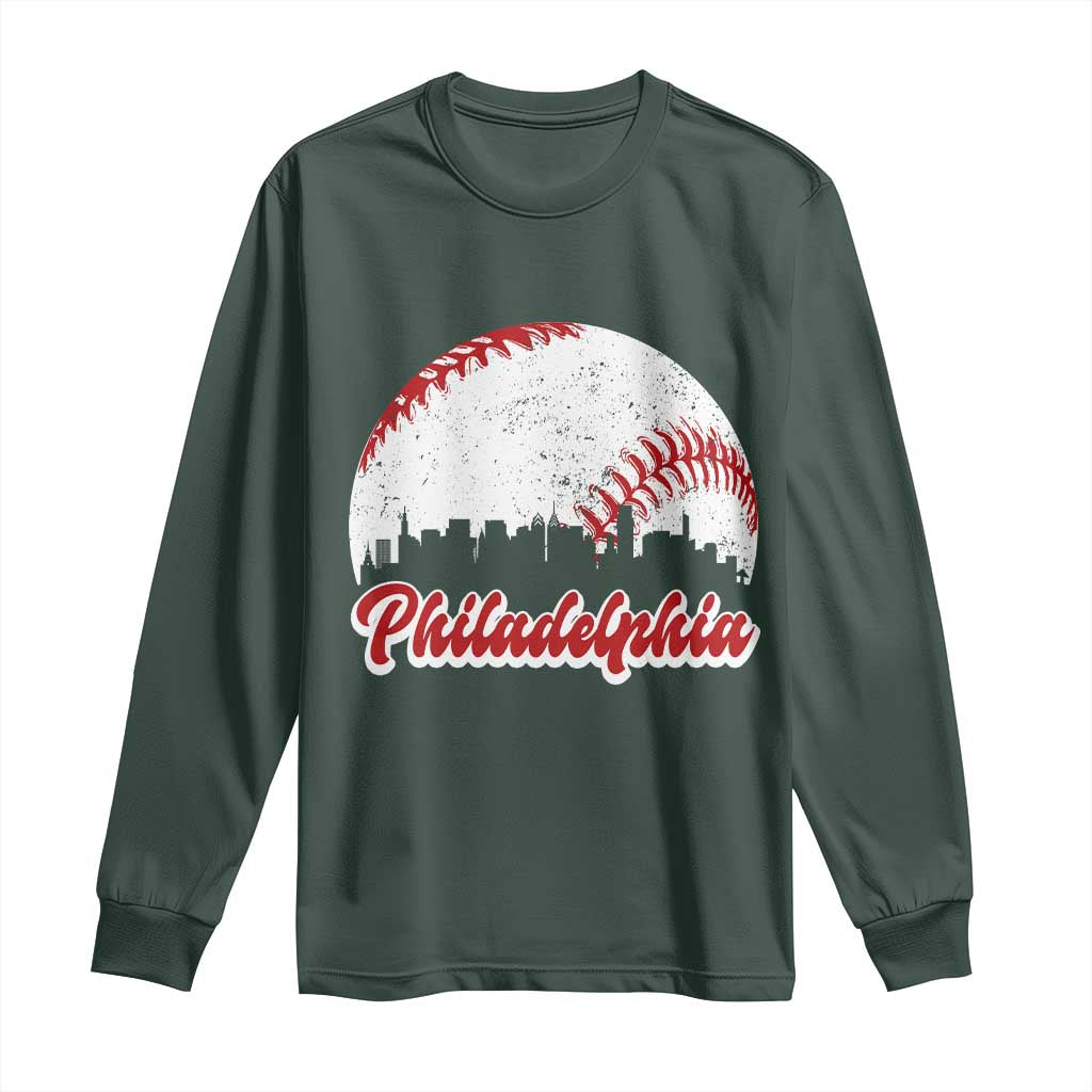 Philadelphia Baseball Long Sleeve Shirt Vintage Skyline City TS10 Dark Forest Green Print Your Wear