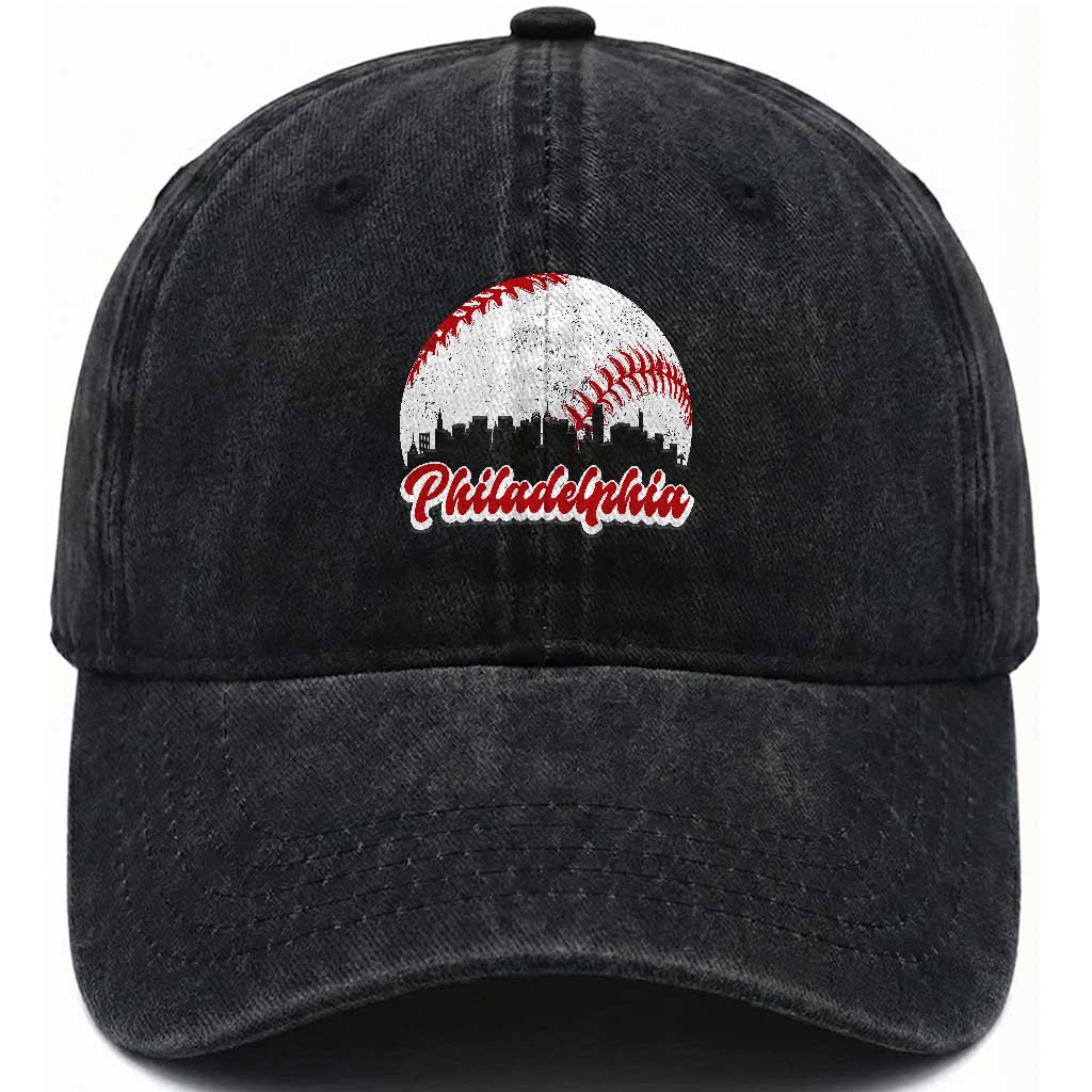 Philadelphia Baseball Lover Washed Cotton Baseball Cap Vintage Skyline City TS10 Washed Cap Universal Fit Black Print Your Wear