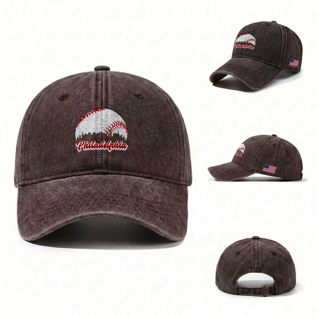 Philadelphia Baseball Lover Washed Cotton Baseball Cap Vintage Skyline City TS10 Washed Cap Universal Fit Dark Brown Print Your Wear