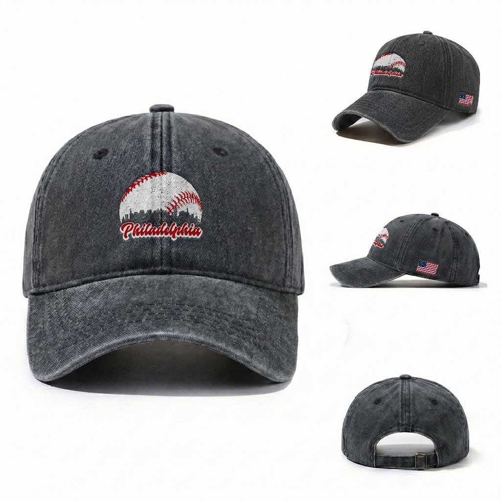 Philadelphia Baseball Lover Washed Cotton Baseball Cap Vintage Skyline City TS10 Washed Cap Universal Fit Dark Gray Print Your Wear