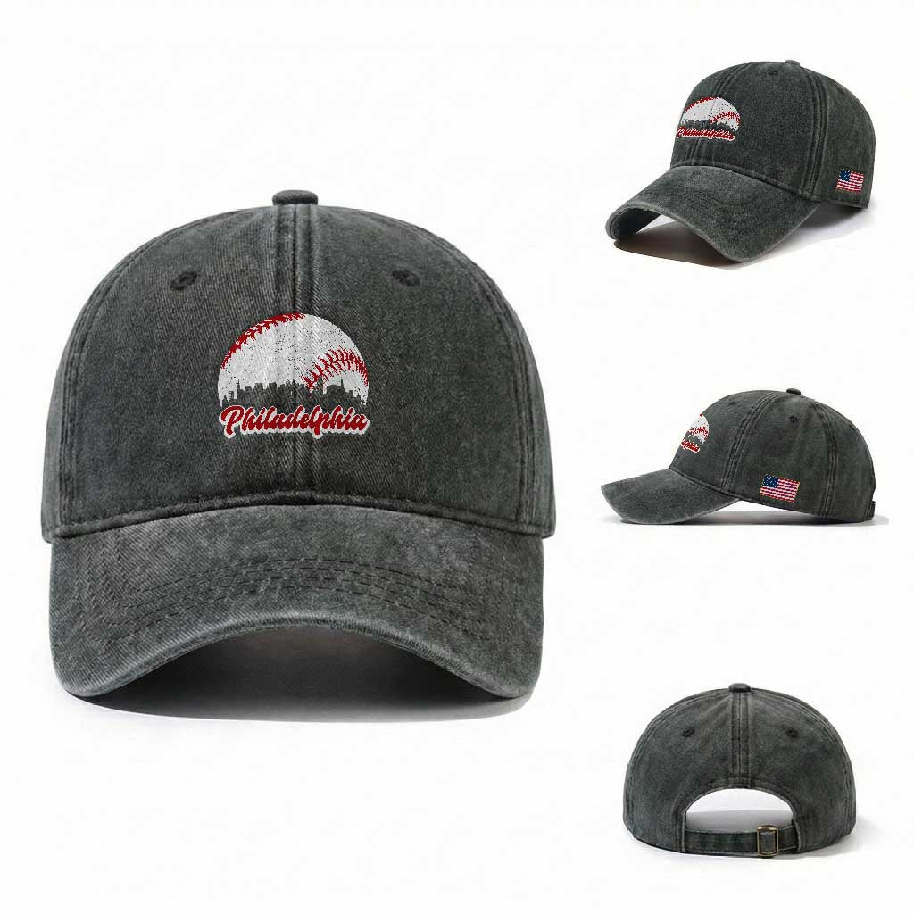 Philadelphia Baseball Lover Washed Cotton Baseball Cap Vintage Skyline City TS10 Washed Cap Universal Fit Dark Green Print Your Wear