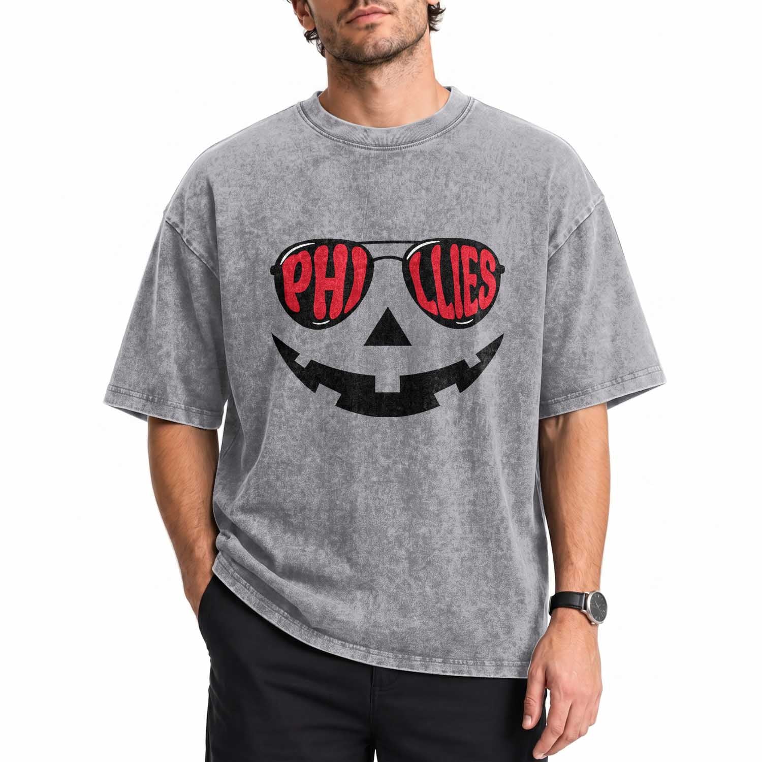 Halloween Philly Washed Cotton T-Shirt Philadelphia Baseball Red October Jackolantern Pumpkin Face TS10 Print Your Wear