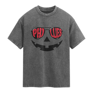 Halloween Philly Washed Cotton T-Shirt Philadelphia Baseball Red October Jackolantern Pumpkin Face TS10 Charcoal Print Your Wear