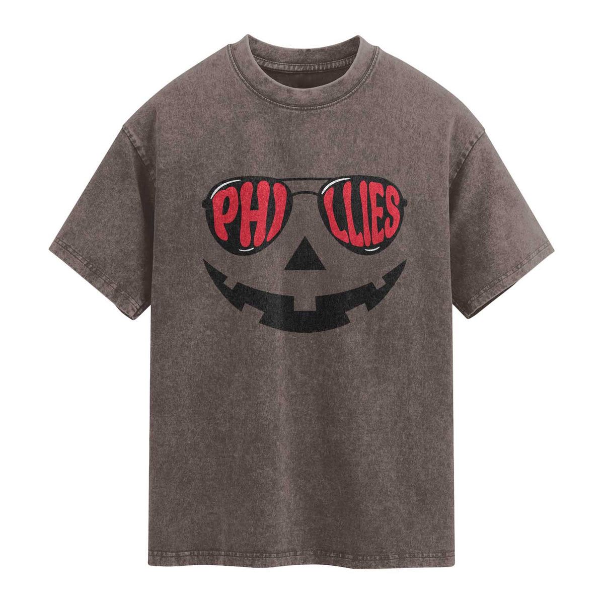 Halloween Philly Washed Cotton T-Shirt Philadelphia Baseball Red October Jackolantern Pumpkin Face TS10 Brown Print Your Wear