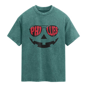 Halloween Philly Washed Cotton T-Shirt Philadelphia Baseball Red October Jackolantern Pumpkin Face TS10 Teal Green Print Your Wear