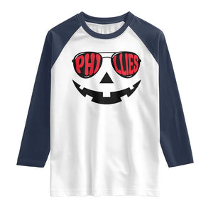 Halloween Philly Raglan Shirt Philadelphia Baseball Red October Jackolantern Pumpkin Face TS10 White Navy Print Your Wear