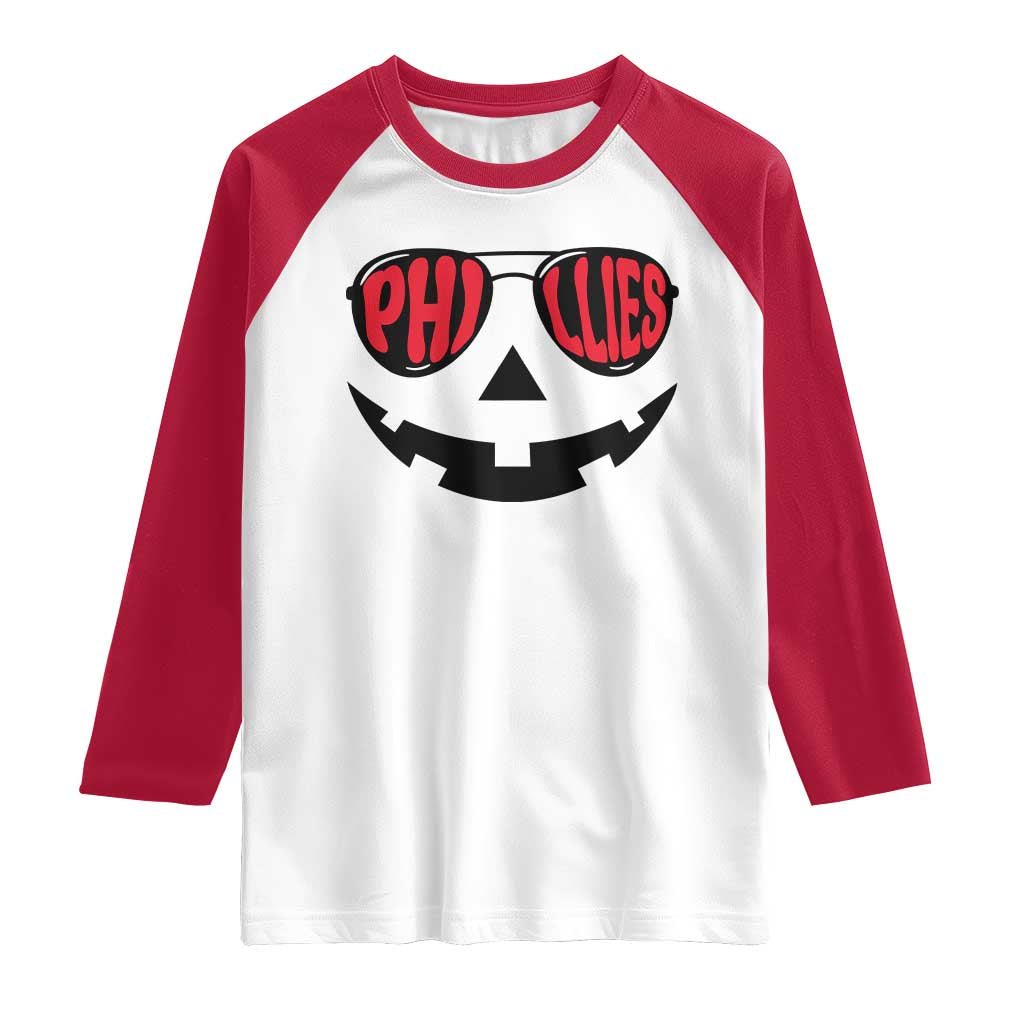 Halloween Philly Raglan Shirt Philadelphia Baseball Red October Jackolantern Pumpkin Face TS10 White Red Print Your Wear