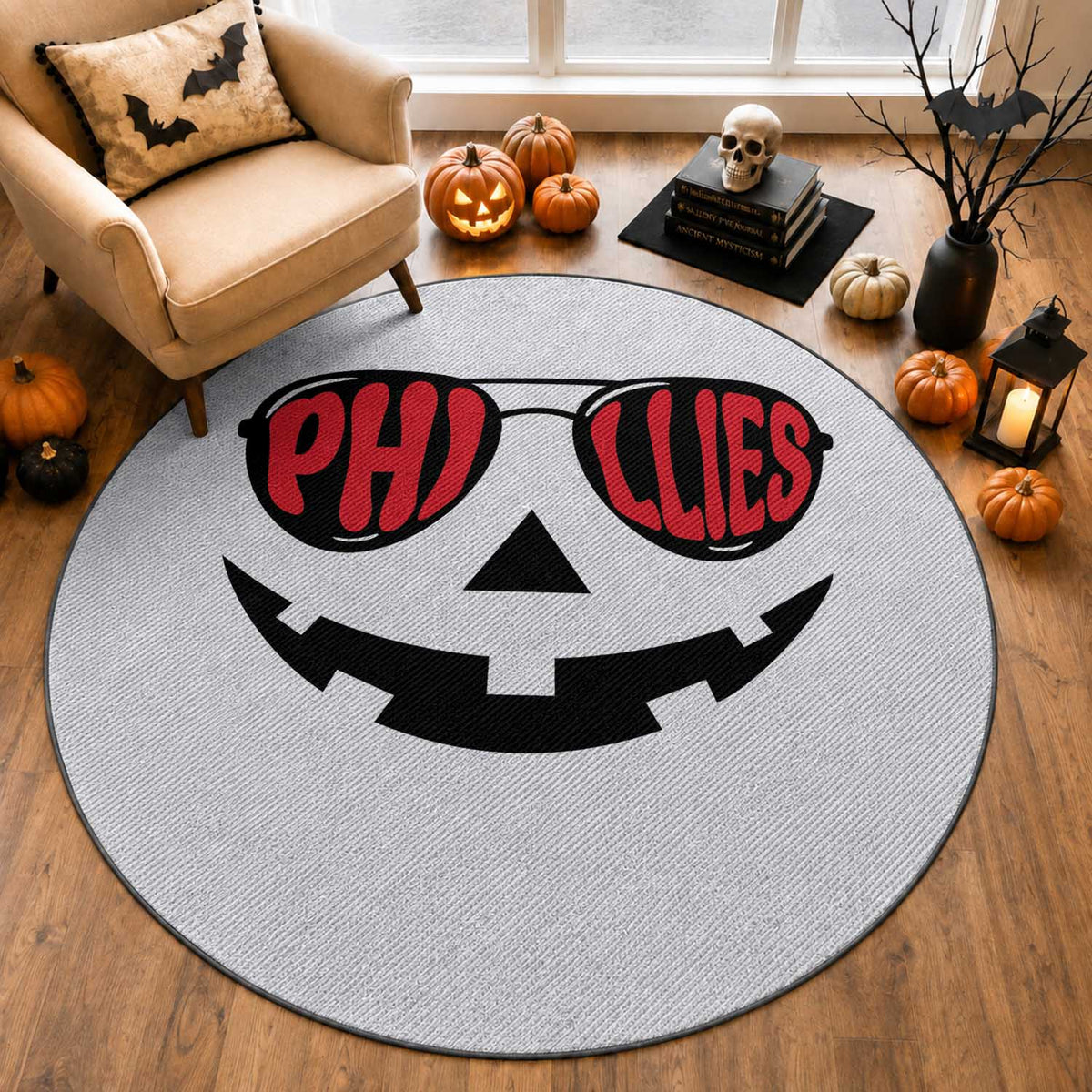 Halloween Philly Round Rug Philadelphia Baseball Red October Jackolantern Pumpkin Face