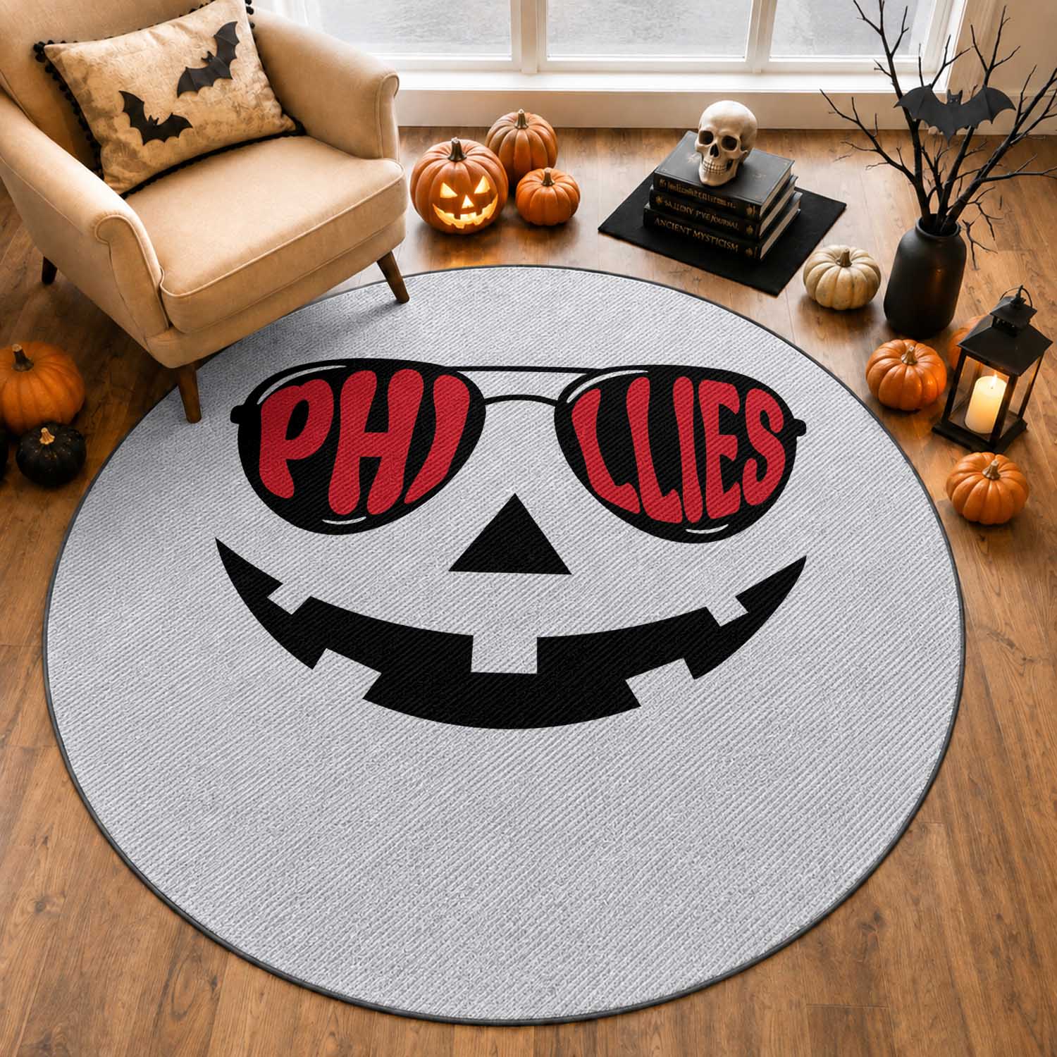 Halloween Philly Round Rug Philadelphia Baseball Red October Jackolantern Pumpkin Face