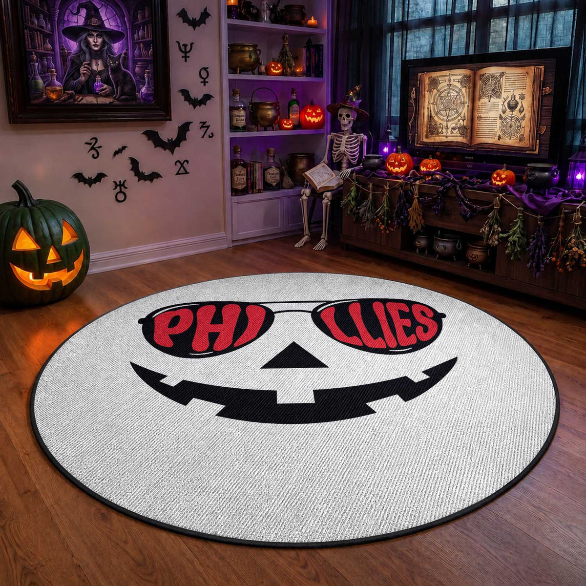 Halloween Philly Round Rug Philadelphia Baseball Red October Jackolantern Pumpkin Face