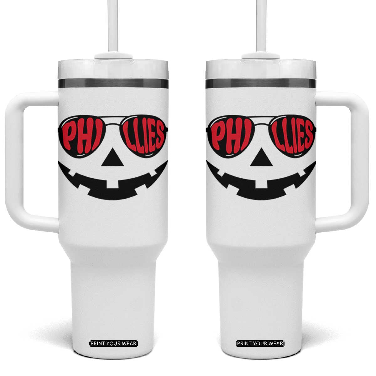 Halloween Philly Tumbler With Handle Philadelphia Baseball Red October Jackolantern Pumpkin Face TS10 One Size: 40 oz White Print Your Wear
