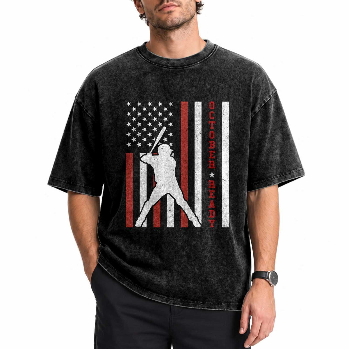 October Ready Washed Cotton T-Shirt Cool Distressed Philadelphia Baseball Fan US Flag TS10 Print Your Wear