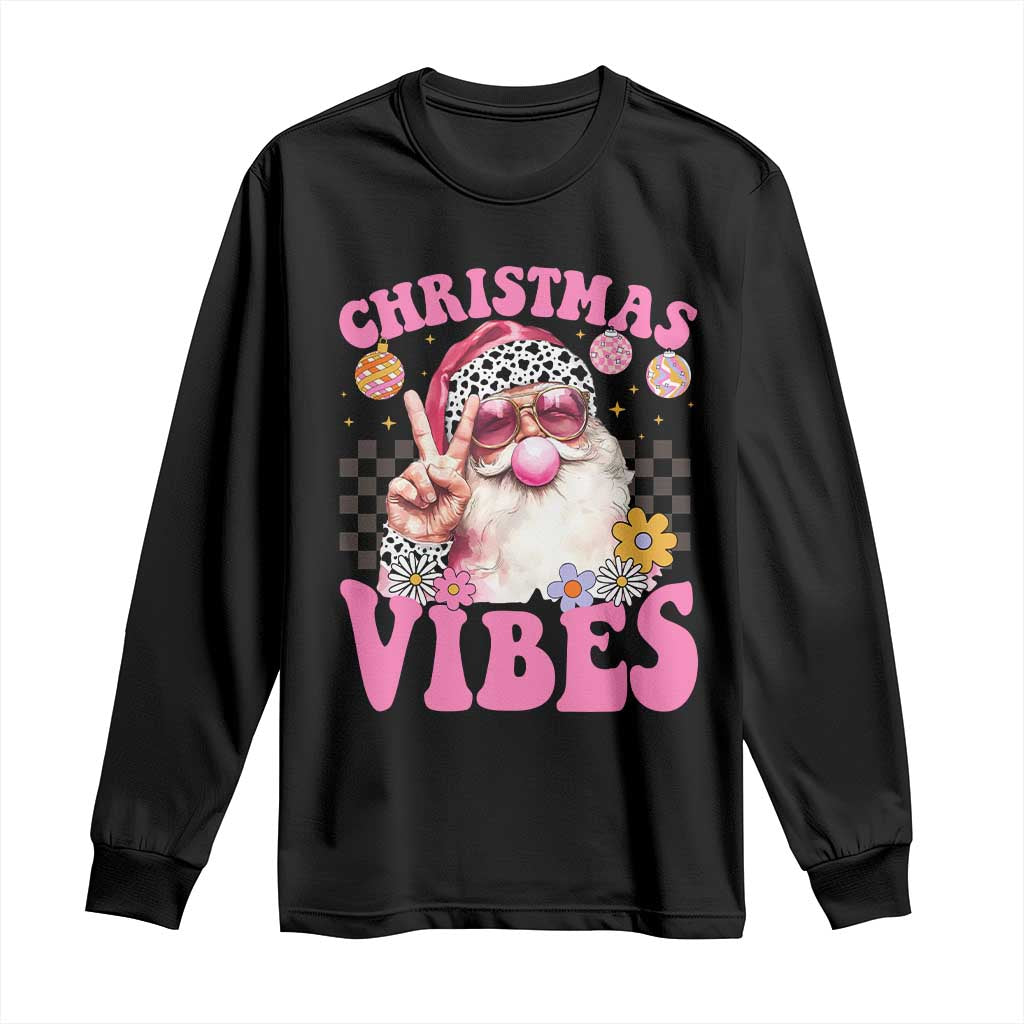 Retro Christmas Santa Long Sleeve Shirt Pink Xmas Vibes Groovy Santa Claus Womens Kids Girls Gifts TS10 Black Print Your Wear