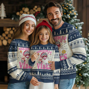 Retro Santa Ugly Christmas Sweater Pink Xmas Vibes Groovy Santa Claus Womens Kids Girls Gifts TS10 Navy Print Your Wear