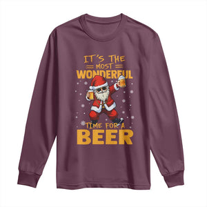 Funny Christmas Santa Claus Drinking Beer Wonderful Time Long Sleeve Shirt TS10 Maroon Print Your Wear