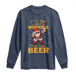 Funny Christmas Santa Claus Drinking Beer Wonderful Time Long Sleeve Shirt TS10 Navy Print Your Wear