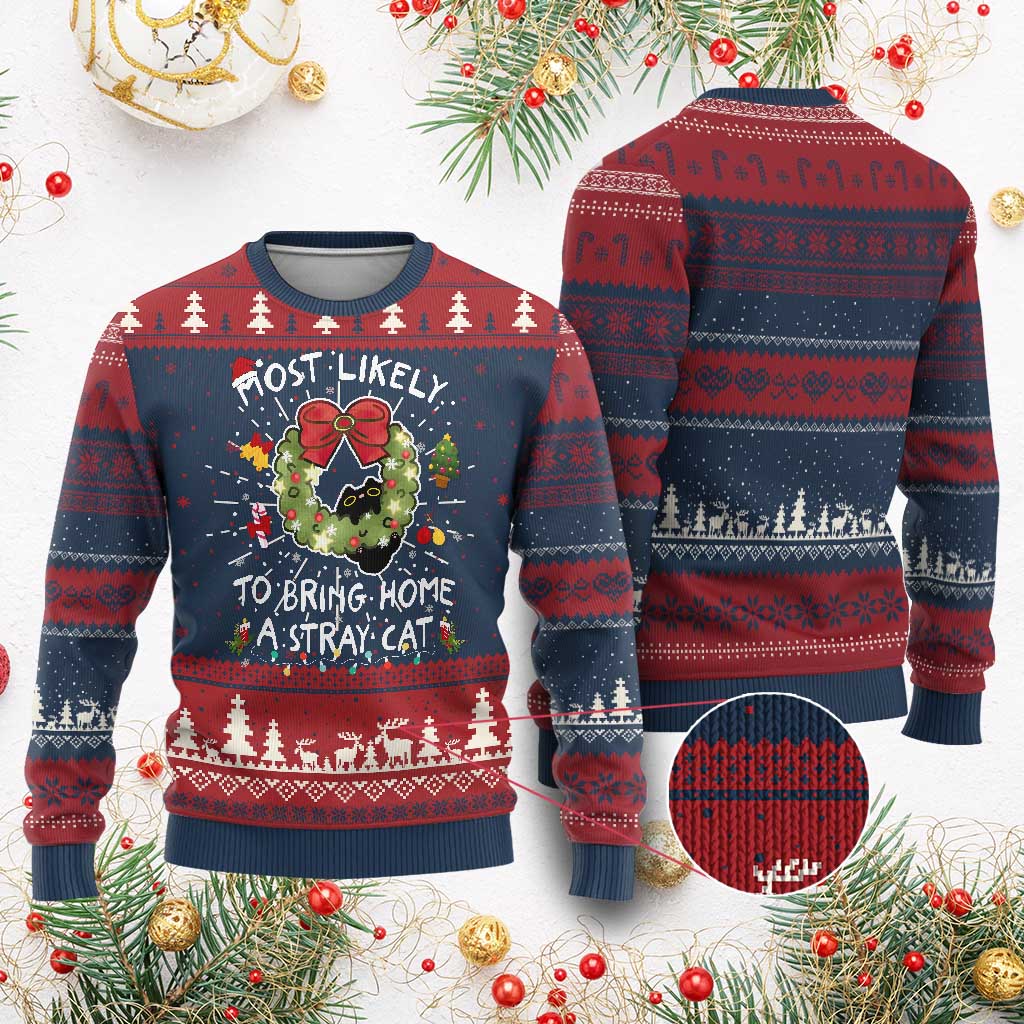 Kitten Christmas Knit Sweatshirt Most Likely To Bring Home A Stray Cat Matching Xmas TS10 Burgundy Print Your Wear