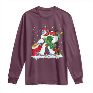 Funny Bigfoot Christmas Long Sleeve Shirt Believe Winter Yeti Santa Hat Sasquatch Loves Xmas Tree Lights TS10 Maroon Print Your Wear