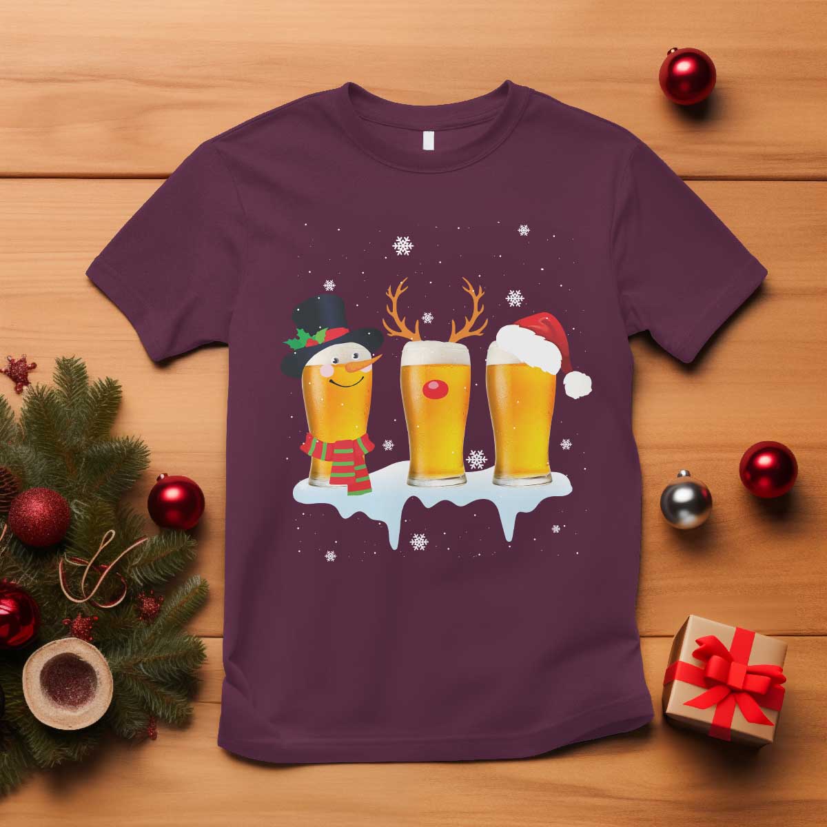 Funny Christmas Beer T Shirt Reindeer Santa Drinking Lovers TS10 Maroon Print Your Wear