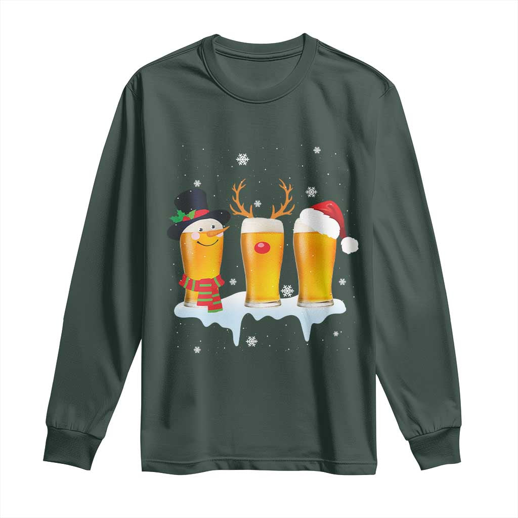 Funny Christmas Beer Long Sleeve Shirt Reindeer Santa Drinking Lovers TS10 Dark Forest Green Print Your Wear