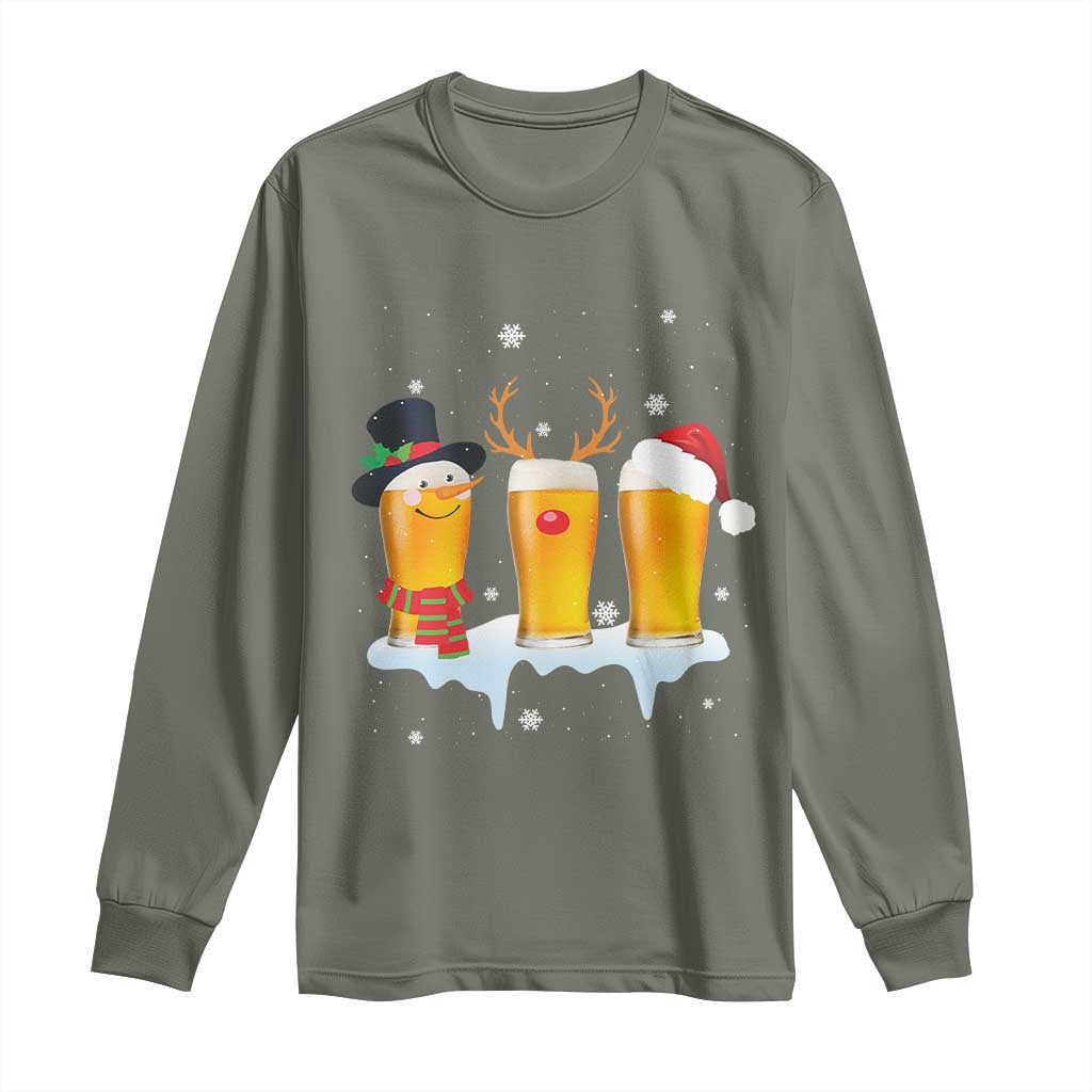 Funny Christmas Beer Long Sleeve Shirt Reindeer Santa Drinking Lovers TS10 Military Green Print Your Wear