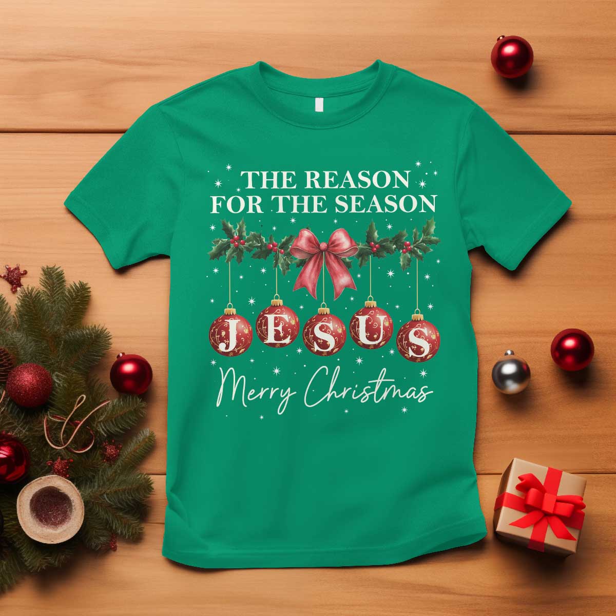 Christian Christmas T Shirt Merry Xmas Jesus The Reason Coquette Bow TS10 Irish Green Print Your Wear