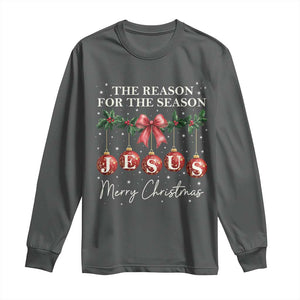 Christian Christmas Long Sleeve Shirt Merry Xmas Jesus The Reason Coquette Bow TS10 Dark Heather Print Your Wear