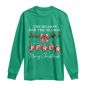 Christian Christmas Long Sleeve Shirt Merry Xmas Jesus The Reason Coquette Bow TS10 Irish Green Print Your Wear