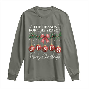 Christian Christmas Long Sleeve Shirt Merry Xmas Jesus The Reason Coquette Bow TS10 Military Green Print Your Wear