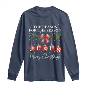 Christian Christmas Long Sleeve Shirt Merry Xmas Jesus The Reason Coquette Bow TS10 Navy Print Your Wear