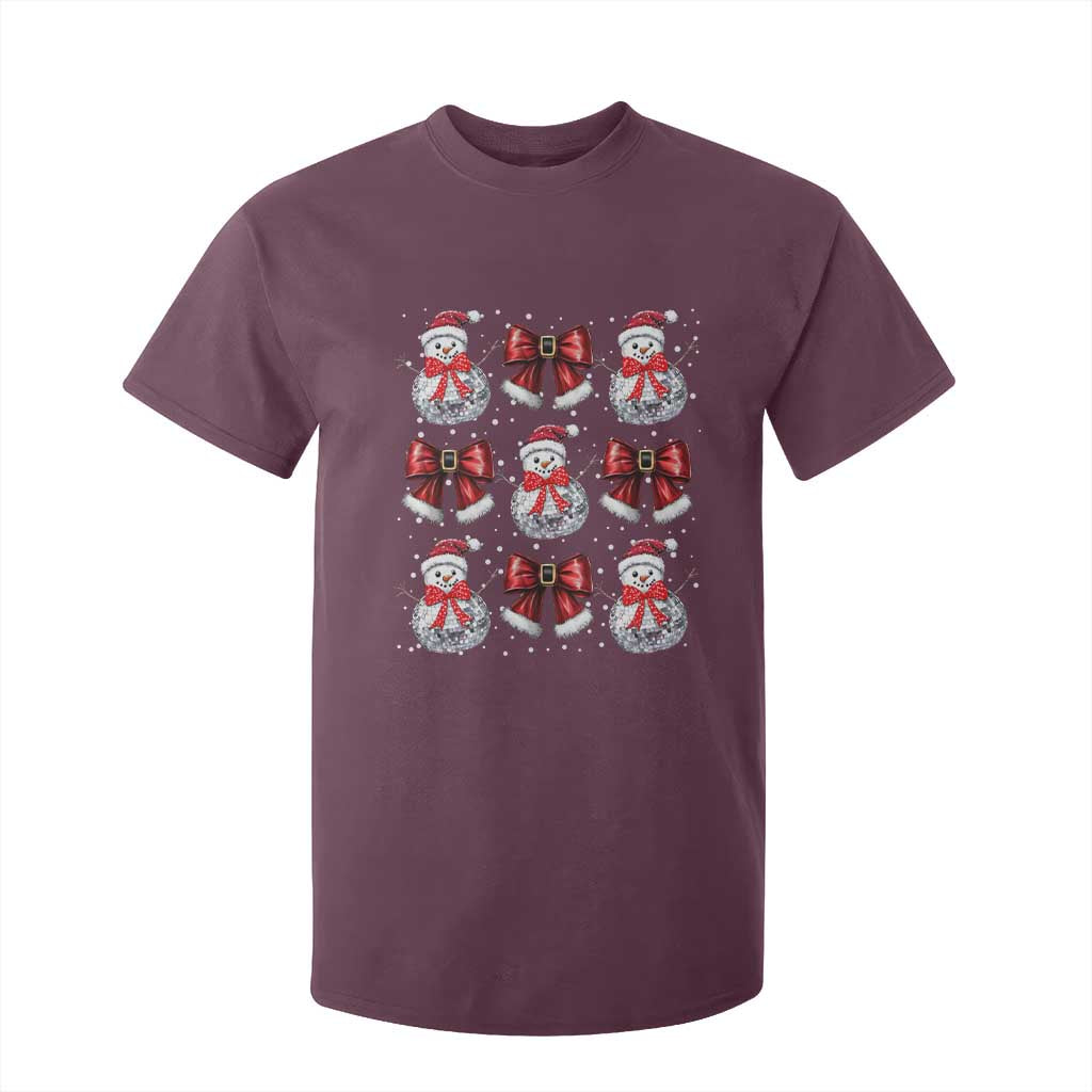 Christmas Coquette T Shirt For Kid Girly Xmas Disco Snowman Bow TS10 Maroon Print Your Wear