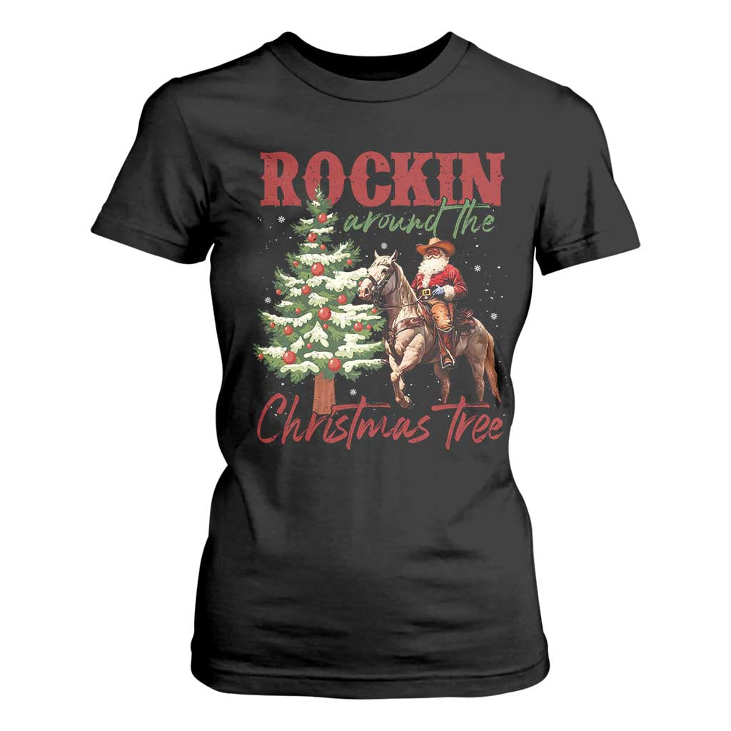 Western Christmas T Shirt For Women Vintage 90s Cowboy Santa Claus Xmas Tree TS10 Black Print Your Wear