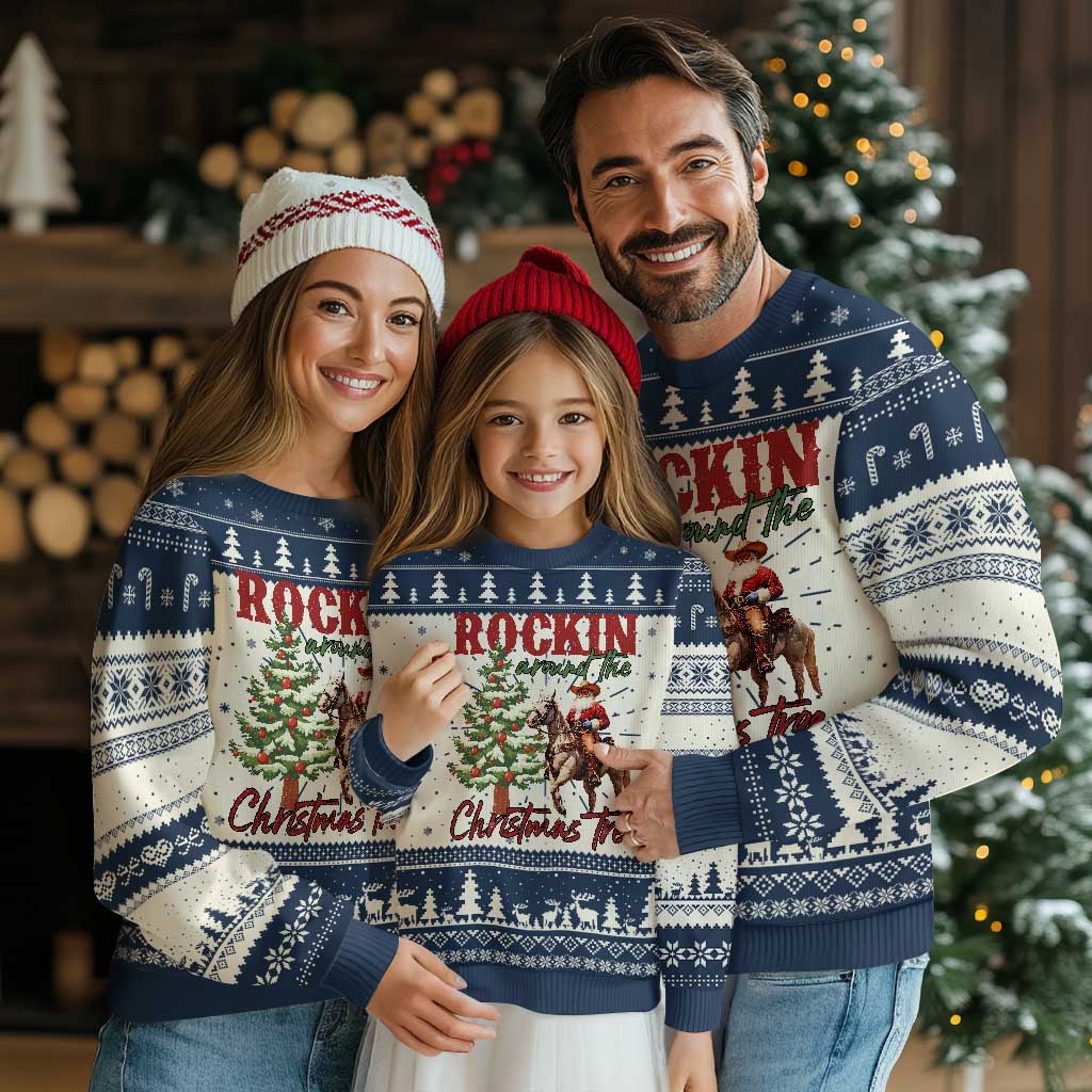 Western Ugly Christmas Sweater Vintage 90s Cowboy Santa Claus Xmas Tree TS10 Navy Print Your Wear