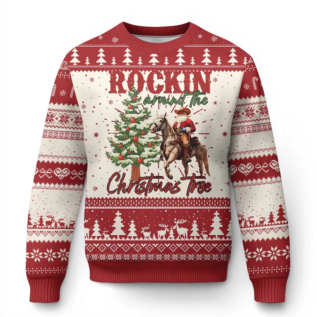 Western Ugly Christmas Sweater Vintage 90s Cowboy Santa Claus Xmas Tree TS10 Red Print Your Wear