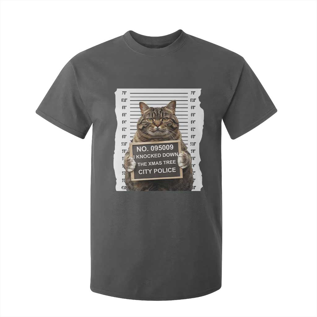 Funny Cat Christmas T Shirt For Kid Mugshot I Knocked Down The Xmas Tree TS10 Dark Heather Print Your Wear