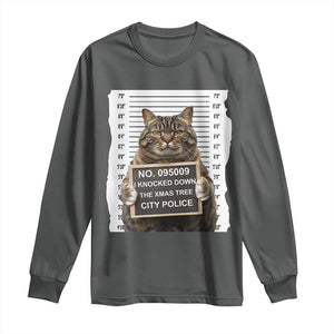 Funny Cat Christmas Long Sleeve Shirt Mugshot I Knocked Down The Xmas Tree TS10 Dark Heather Print Your Wear