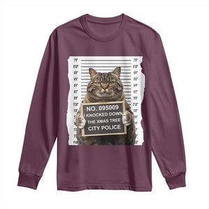 Funny Cat Christmas Long Sleeve Shirt Mugshot I Knocked Down The Xmas Tree TS10 Maroon Print Your Wear