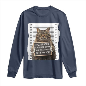 Funny Cat Christmas Long Sleeve Shirt Mugshot I Knocked Down The Xmas Tree TS10 Navy Print Your Wear