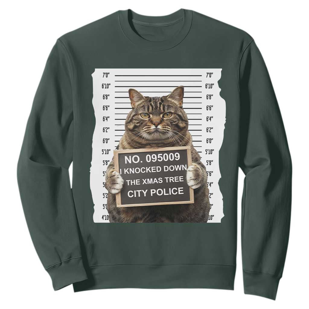 Funny Cat Christmas Sweatshirt Mugshot I Knocked Down The Xmas Tree TS10 Dark Forest Green Print Your Wear